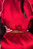 Red Casual Solid Embroidered Patchwork Zipper Collar Short Sleeve Two Pieces