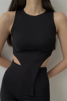 Black Sexy Casual Solid Asymmetrical O Neck Tops