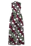 Light Blue Vacation Print Patchwork O Neck Straight Jumpsuits