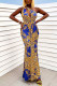 Blue Sexy Print Hollowed Out Patchwork Oblique Collar Straight Dresses