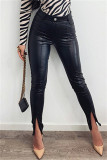 Brown Fashion Casual Solid Slit Skinny Mid Waist Pencil Trousers