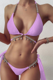 Pink Sexy Vacation Solid Chains Hot Drill Valentines Day Swimwears