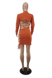 Tangerine Red Sexy Solid Hollowed Out Half A Turtleneck Pencil Skirt Dresses
