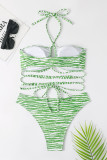 Green Sexy Striped Print Backless Swimwears