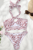 Pink Sexy Vacation Print Bandage Patchwork Swimwears
