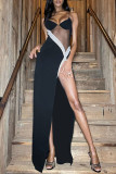 Black Sexy Solid Patchwork See-through Slit Spaghetti Strap Straight Dresses
