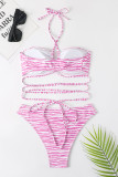 Pink Sexy Striped Print Backless Swimwears