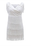 White Fashion Sexy Solid Tassel Patchwork Backless Off the Shoulder Pencil Skirt Dresses