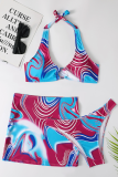 Turquoise Sexy Vacation Print Patchwork Swimwears
