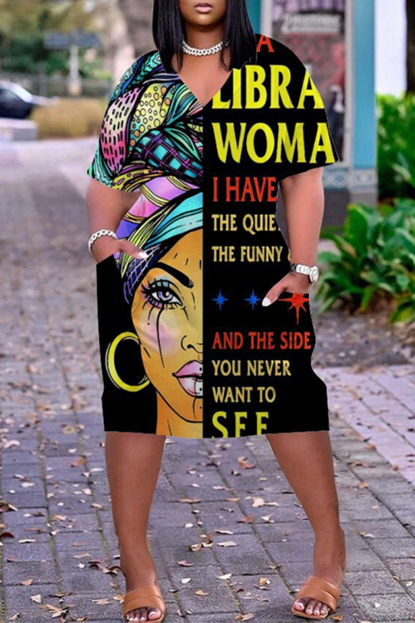 Black Yellow Fashion Casual Print Basic V Neck Short Sleeve Dress