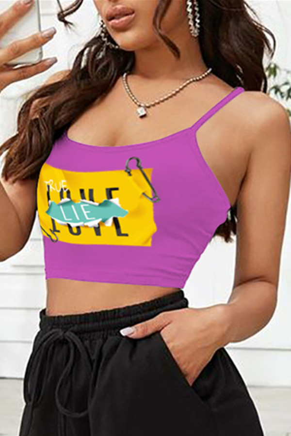 Purple Sexy Casual Print Spaghetti Strap Tops