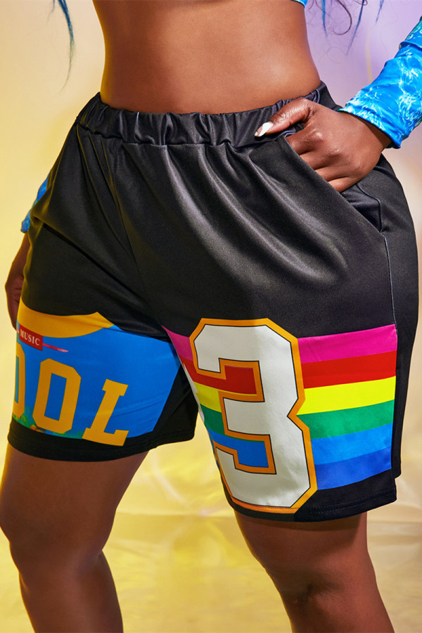 Black Fashion Casual Print Basic Regular High Waist Shorts