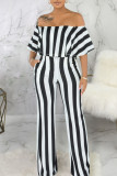 Blue Fashion Casual Striped Print Split Joint Off the Shoulder Straight Jumpsuits