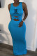 Light Blue Fashion Casual Print Letter O Neck One Step Skirt Dresses