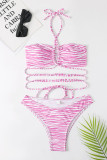 Pink Sexy Striped Print Backless Swimwears