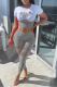 Grey Casual Print Patchwork O Neck Short Sleeve Two Pieces