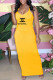 Yellow Fashion Sexy Print Letter Spaghetti Strap One Step Skirt Dresses