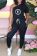 Black Fashion Casual Print Letter One Shoulder Jumpsuits