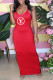 Red Fashion Casual Print Letter Spaghetti Strap One Step Skirt Dresses