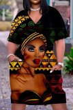 Multicolor Fashion Casual Print Basic V Neck Short Sleeve Dress