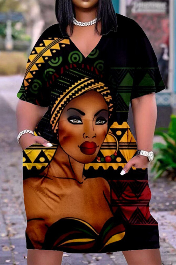 Black Orange Fashion Casual Print Basic V Neck Short Sleeve Dress