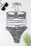 Black Sexy Striped Print Backless Swimwears