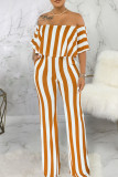 Grey Fashion Casual Striped Print Split Joint Off the Shoulder Straight Jumpsuits