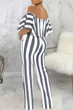Blue Fashion Casual Striped Print Split Joint Off the Shoulder Straight Jumpsuits
