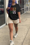 White Fashion Street Print Patchwork Letter O Neck T-Shirts