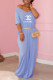 Light Blue Fashion Casual Print Letter V Neck Straight Dresses