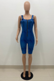 Blue Sexy Solid Patchwork Zipper Collar Skinny Rompers
