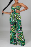 Dark Green Vacation Print Bandage Strapless Sleeveless Two Pieces