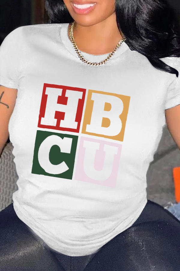 White Fashion Street Print Patchwork Letter O Neck T-Shirts