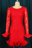 Red Sexy Solid Patchwork See-through Flounce One Step Skirt Dresses