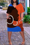 White Fashion Casual Print Basic V Neck Short Sleeve Dress
