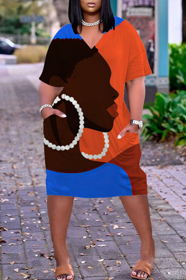 Orange Blue Fashion Casual Print Basic V Neck Short Sleeve Dress