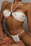 Colour Sexy Vacation Print Bandage Patchwork Swimwears