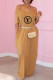 Khaki Fashion Casual Print Letter V Neck One Step Skirt Dresses