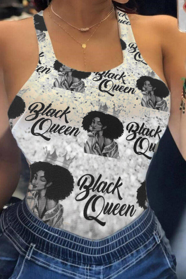 Cream White Sexy Print Patchwork U Neck Tops