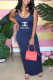 Tibetan Blue Fashion Sexy Print Letter Spaghetti Strap One Step Skirt Dresses