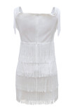 White Fashion Sexy Solid Tassel Patchwork Backless Off the Shoulder Pencil Skirt Dresses