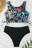 Black Sexy Vacation Print Patchwork Swimwears
