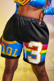 Black Fashion Casual Print Basic Regular High Waist Shorts