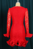 Red Sexy Solid Patchwork See-through Flounce One Step Skirt Dresses