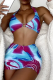 Blue Red Sexy Vacation Print Patchwork Swimwears