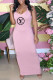 Pink Fashion Casual Print Letter Spaghetti Strap One Step Skirt Dresses