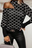 Black Fashion Casual Print Hollowed Out Turtleneck Tops