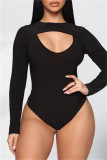 Black Sexy Casual Solid Hollowed Out O Neck Long Sleeves Skinny Romper