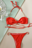 Orange Sexy Vacation Solid Patchwork Chains Swimwears