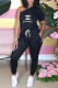 Black Fashion Casual Print Letter Oblique Collar Jumpsuits